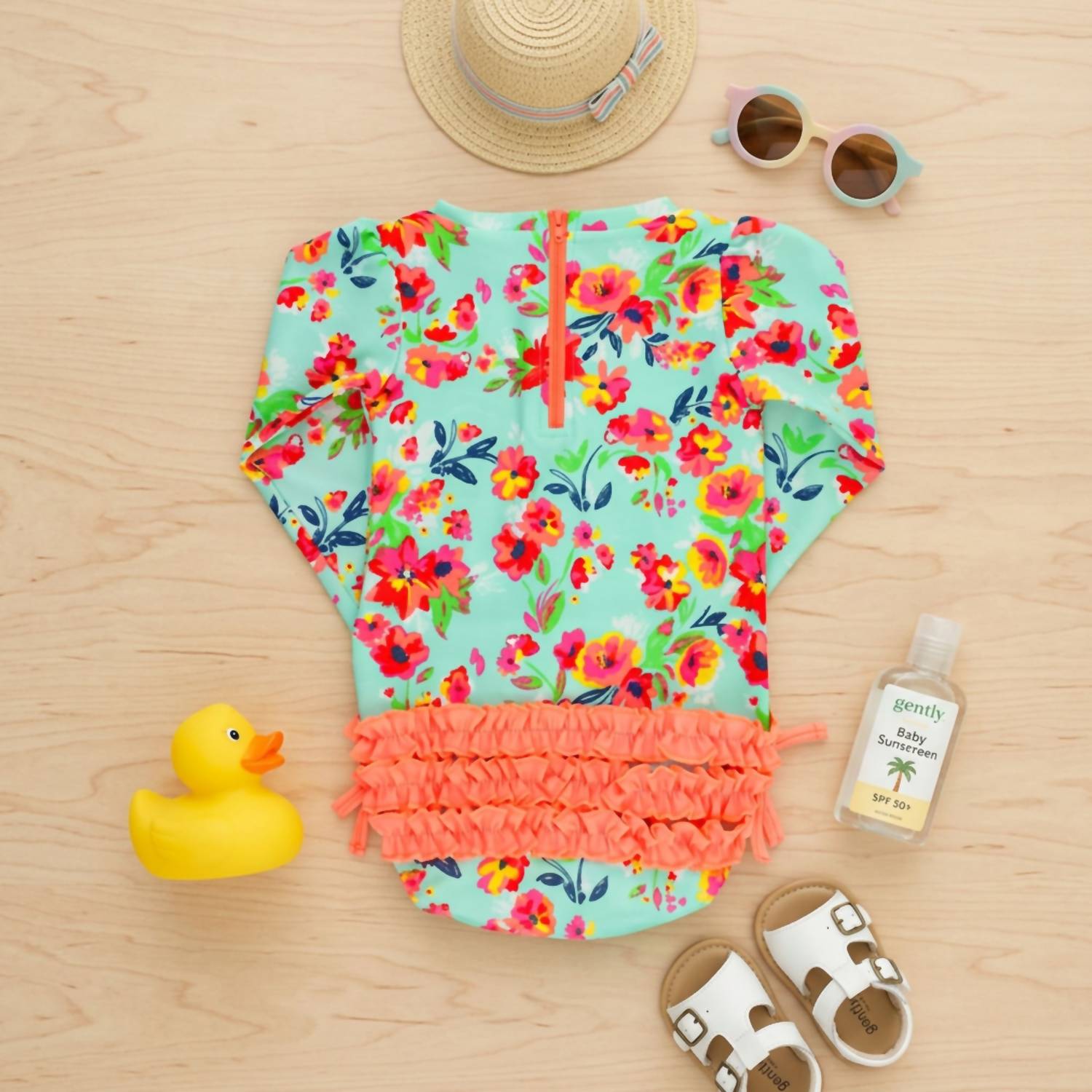 Rufflebutts - Girls' Painted Flowers Ruffled Rash Guard Swim Suit