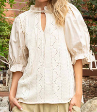 Pol - Tie Accent Puff Sleeves Top