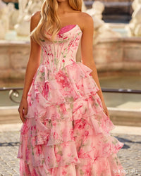 Sherri Hill Strapless Floral Ballgown in pink print - women's dress - detail view