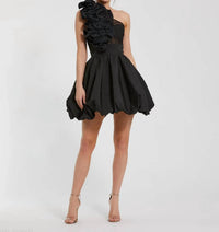 MAC DUGGAL Taffeta One Shoulder Ruffle Bubble Mini Dress in black - women's dress