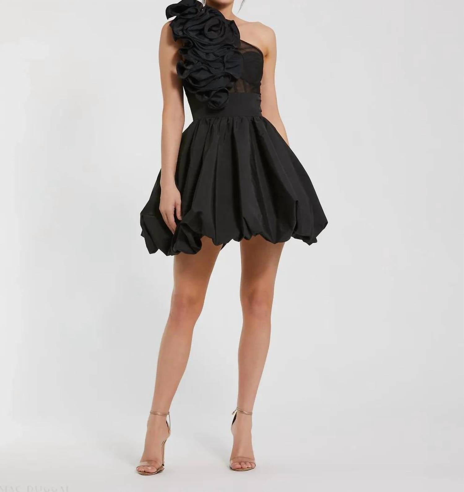 MAC DUGGAL Taffeta One Shoulder Ruffle Bubble Mini Dress in black - women's dress