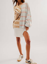 Free People Uptown Stripe Pullover Sweater in camel grey combo - women's sweater