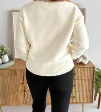 PINCH V-neck Flower Embrordery Sweater in ivory - women's sweater - detail view