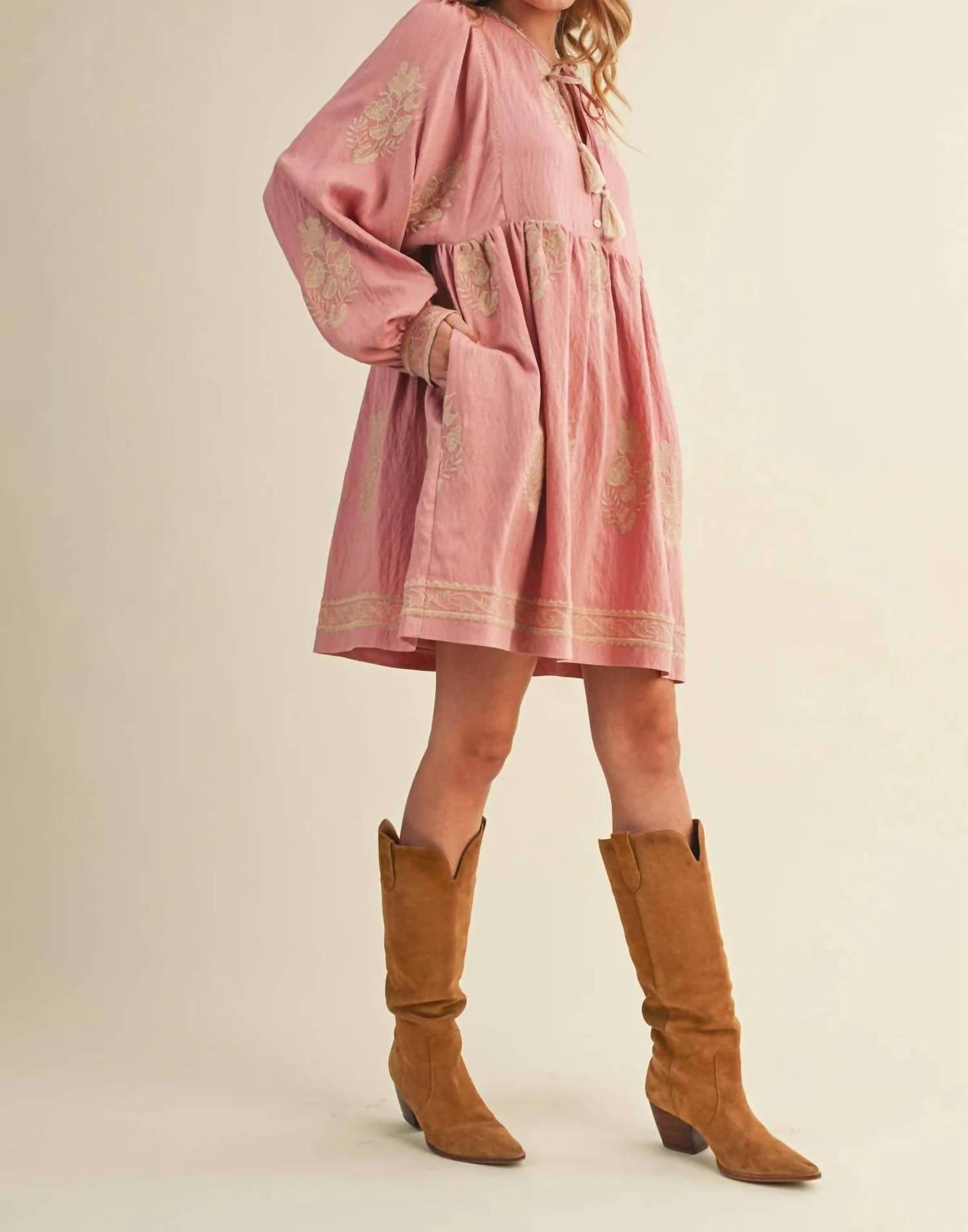 &Merci - Embroidered Long Puff Sleeve Mini Dress