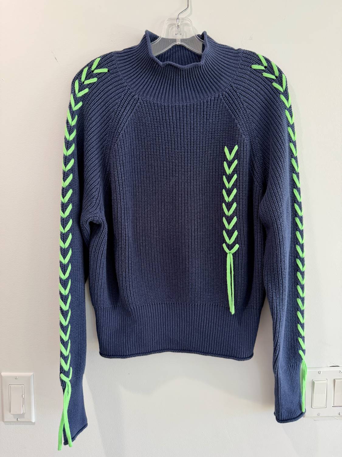 Wispr Women's Presley Plait Mock Neck Sweater in navy neon green - women's sweater - alternate view