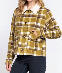 Active Usa - Faux Fur Collar Plaid Shacket