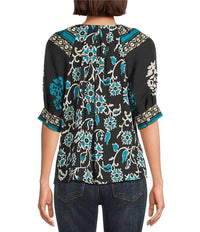 Tru Luxe - Floral Border Print Split V-neck Elbow Sleeve Top