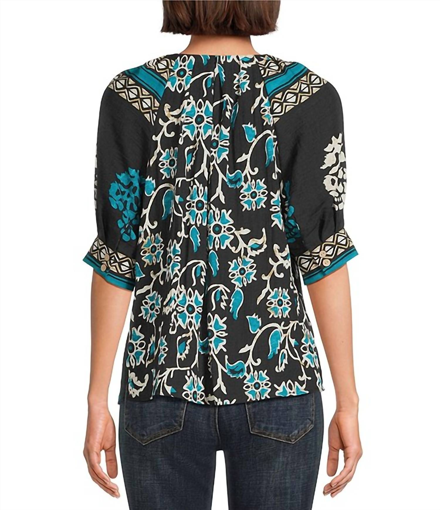 Tru Luxe - Floral Border Print Split V-neck Elbow Sleeve Top
