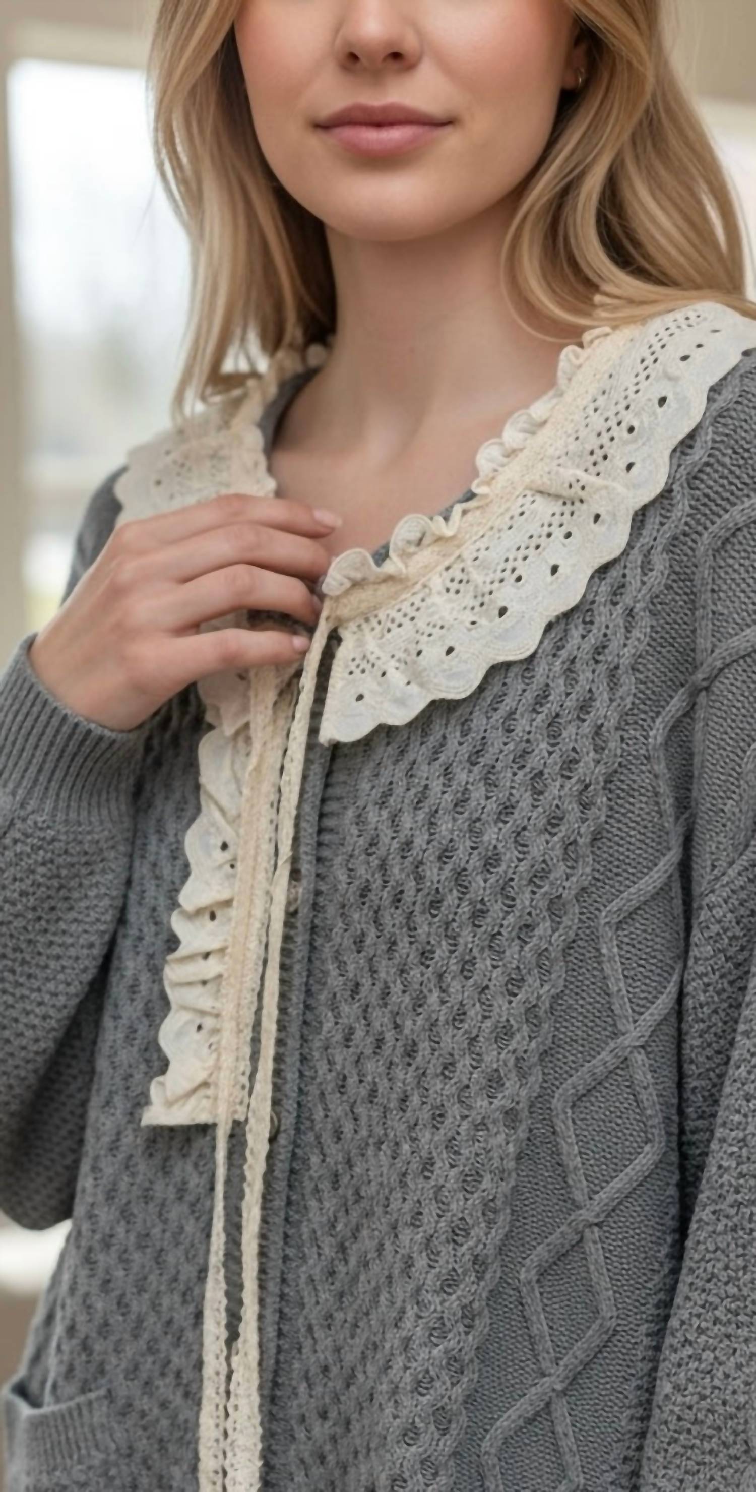 Pol - Long Lace Detailed Oversize Cardigan