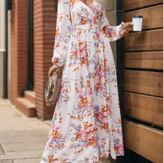 Rosa Clothing - Vintage V-neck Print Long Sleeve Maxi Dress