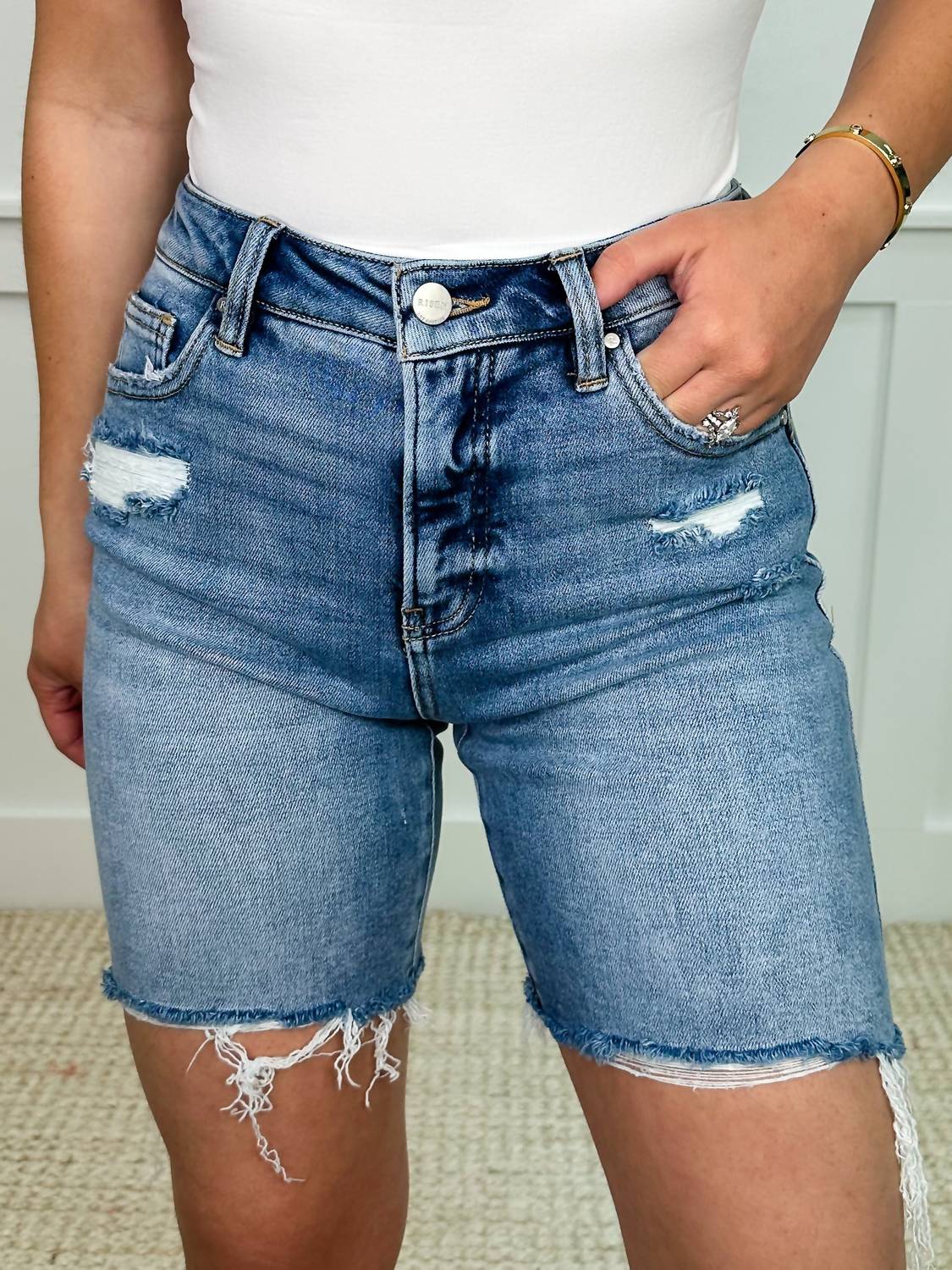 Risen - Natalie Tummy Control Distressed High-rise Fray Hem Bermuda Shorts