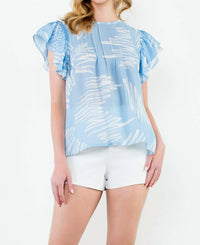 THML Flutter Sleeve Print Top in blue 1 - women's blouse - detail view