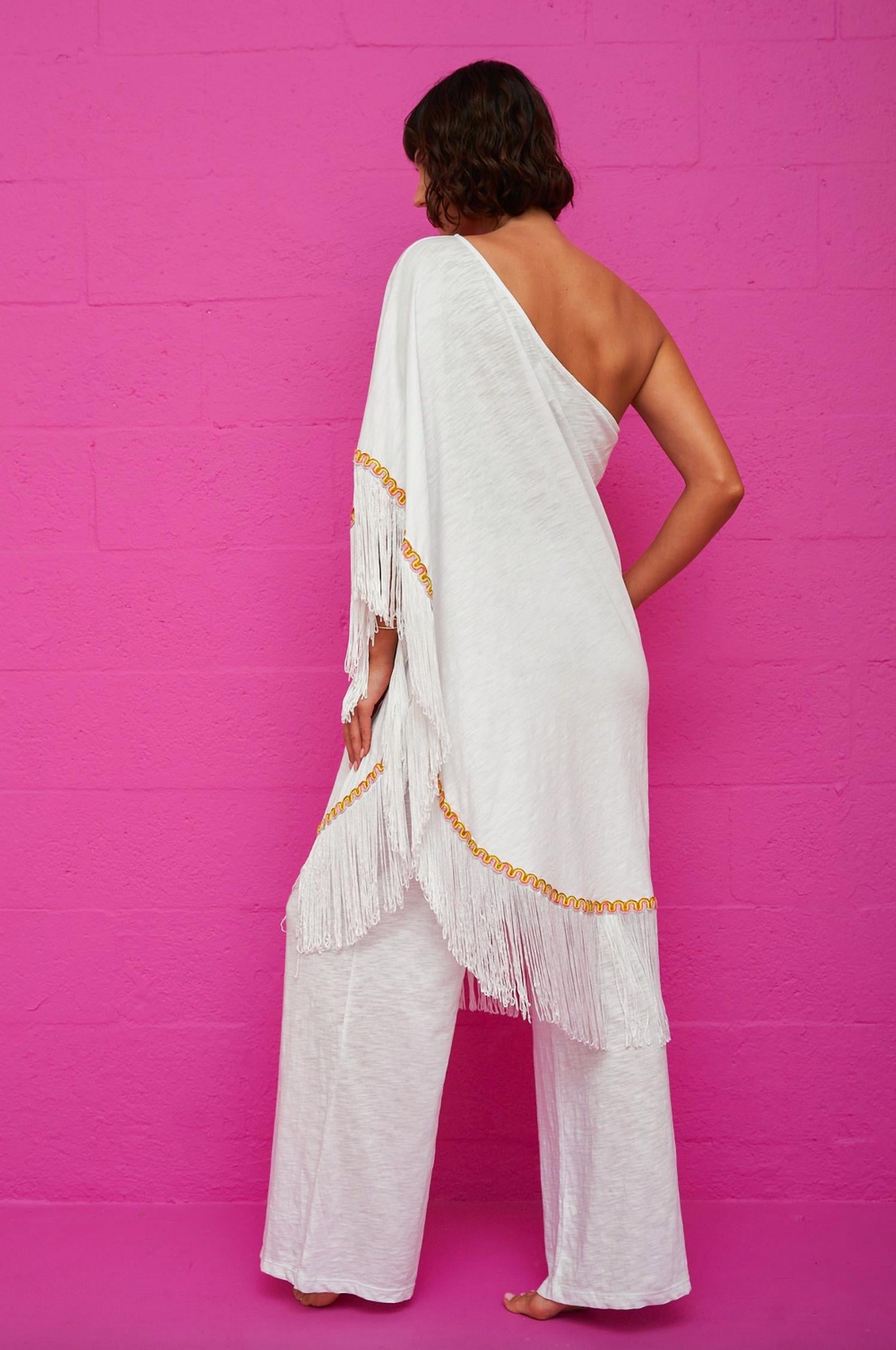 Pitusa Pima One Shoulder Top & Pant Set in white - women's sleepwear - detail view