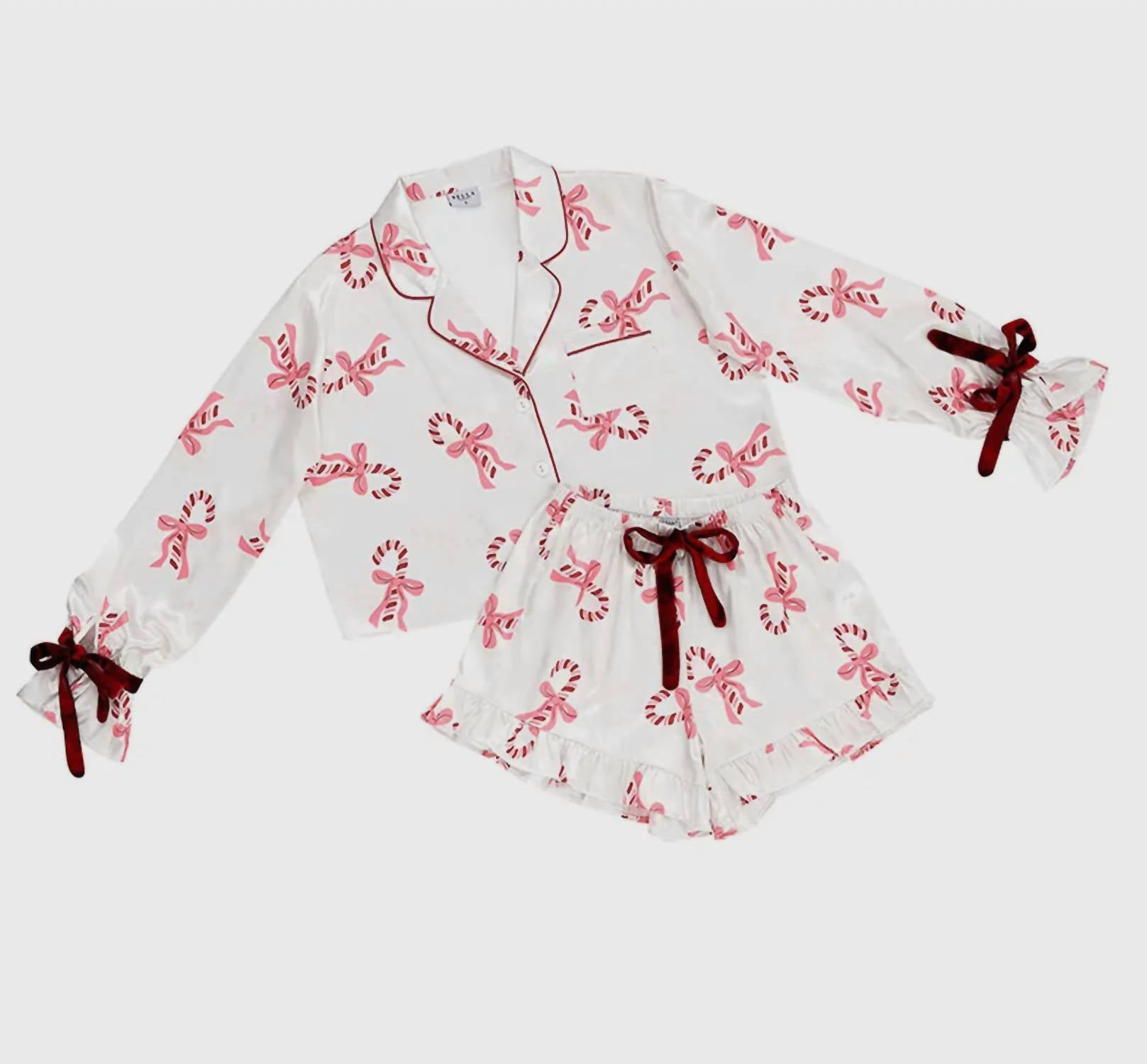 Bella Sleep + Spa - Ruffled Pajama With Velvet Ties Short Set