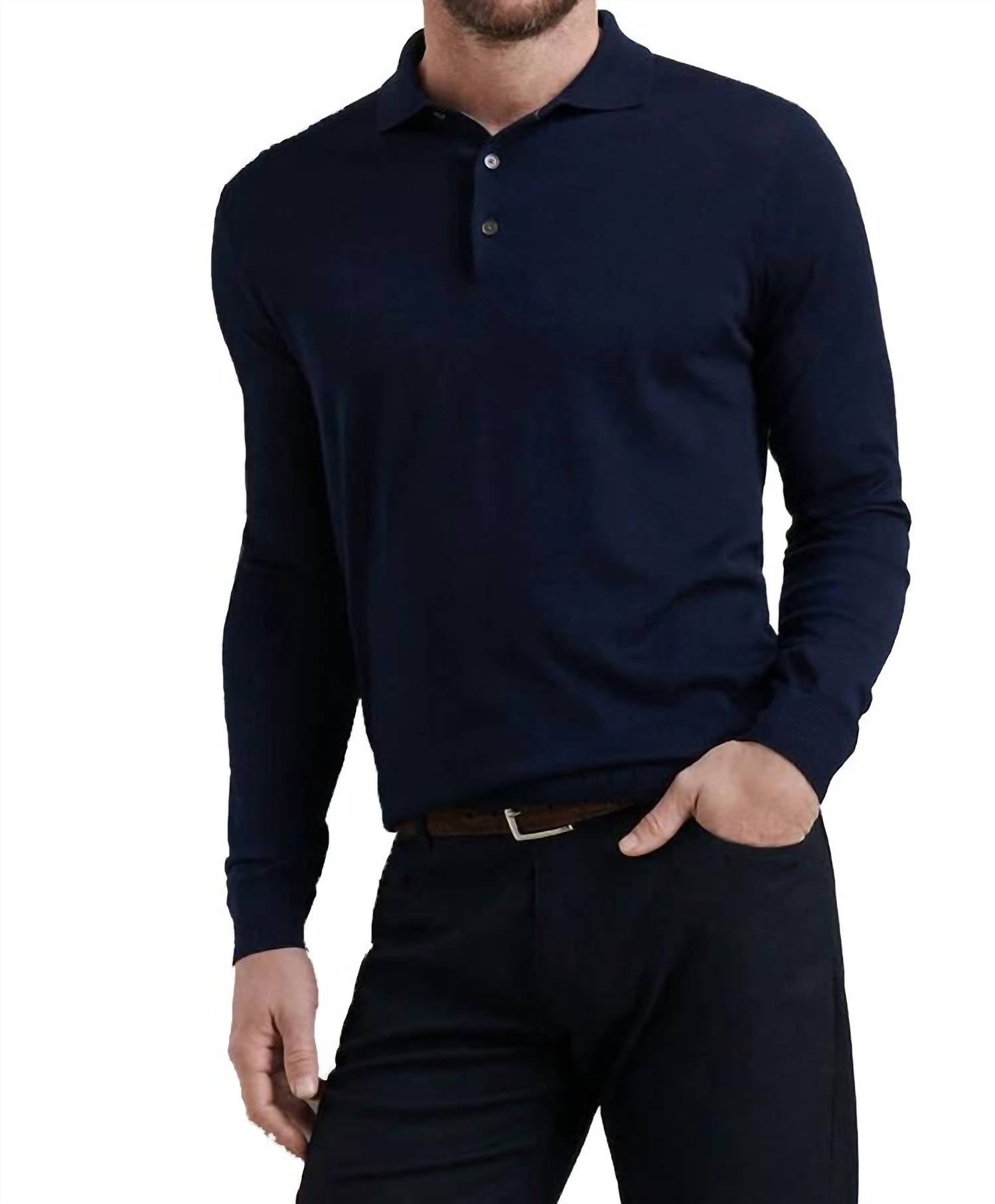 PETER MILLAR Dorset Sweater Polo in navy - men's long sleeve top