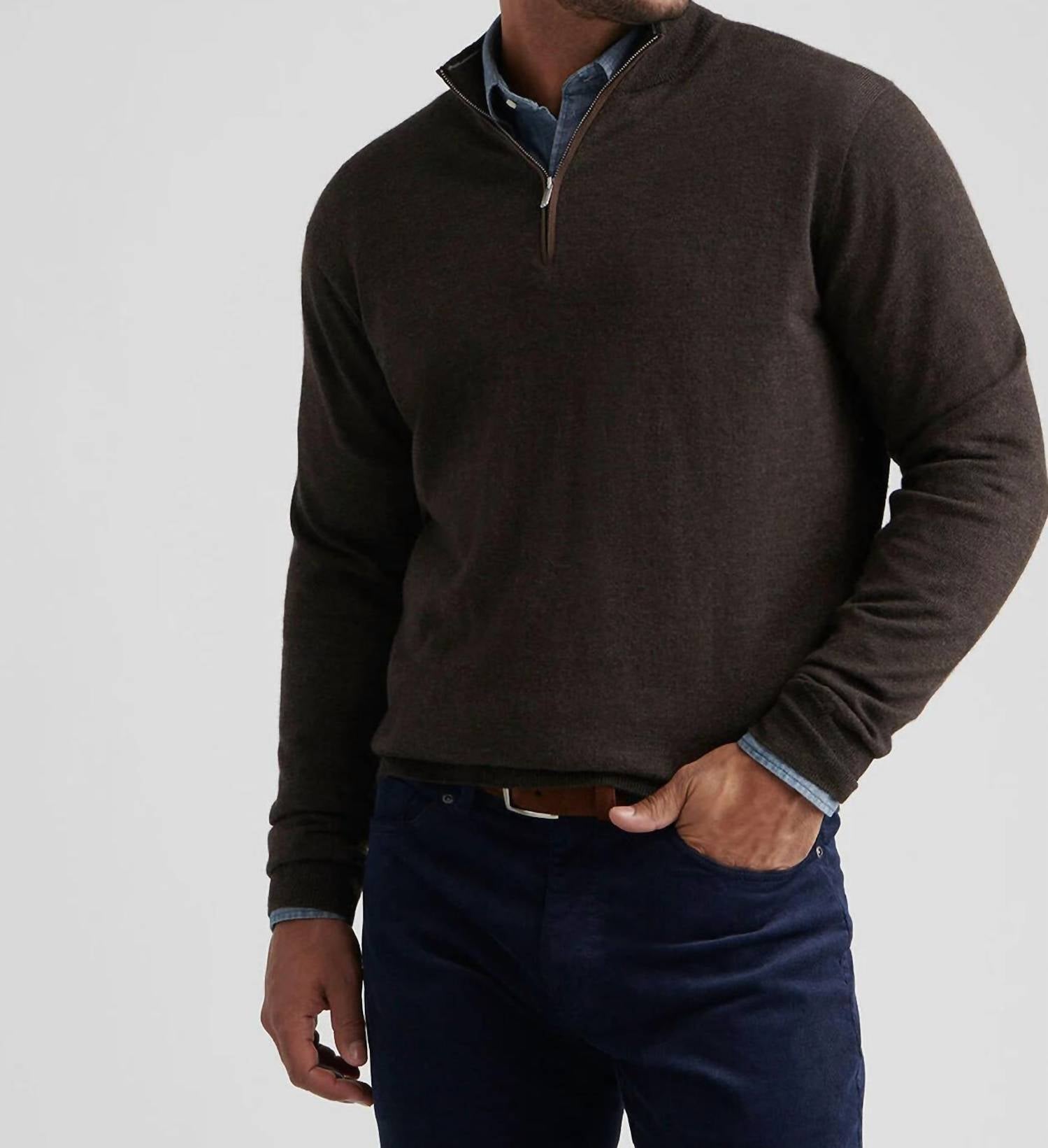PETER MILLAR Autumn Crest Suede Trim Quarter Zip Sweater in french press - men's sweater