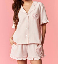 Peach Love - Mini Ric Rac with Ruffle Detailed Striped Short Sleeve & Shorts Pajama Set
