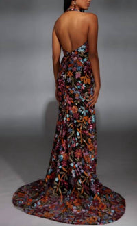 ALYCE PARIS Floral Sequin Halter Neck Dress in black multi - women's dress - detail view