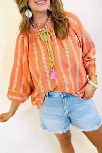 La Society - Striped Fringe Tie Neck Blouse