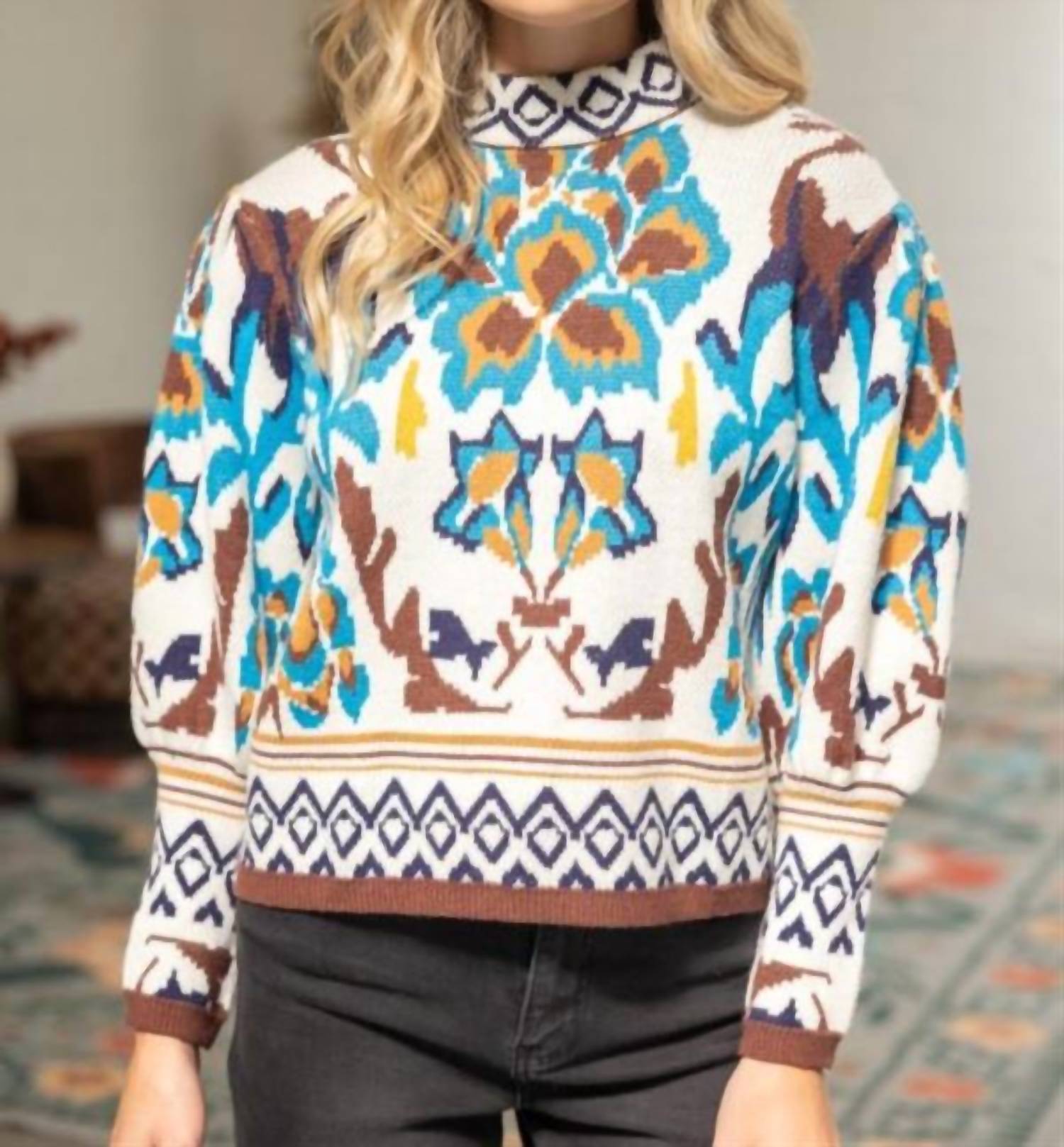 voy Vivid Print Pull-on Sweater in multi abstract - women's sweater