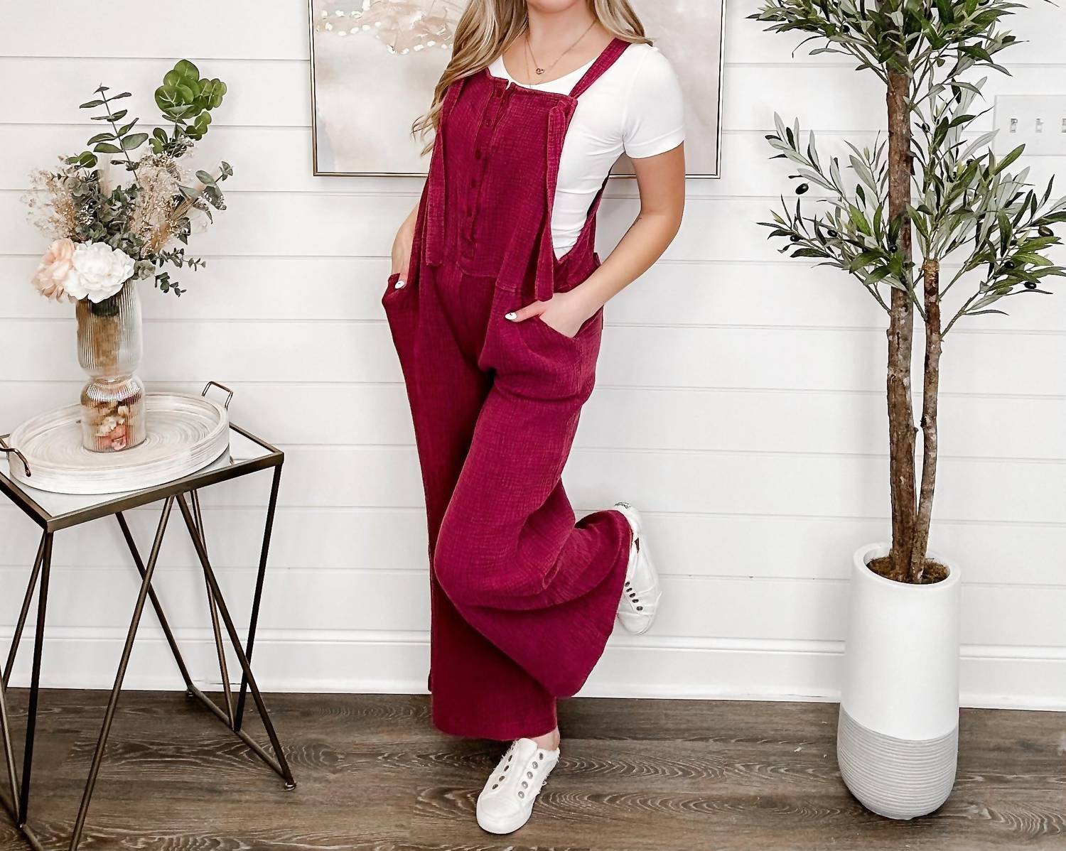 White Birch - Let's Do This Cotton Wide-leg Overalls