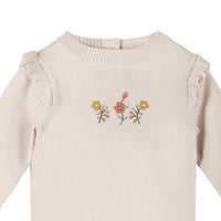 VIVERANO Organics Kid's Floral Embroidered Ruffle Sweater Jumpsuit in stone - kids' item - alternate view