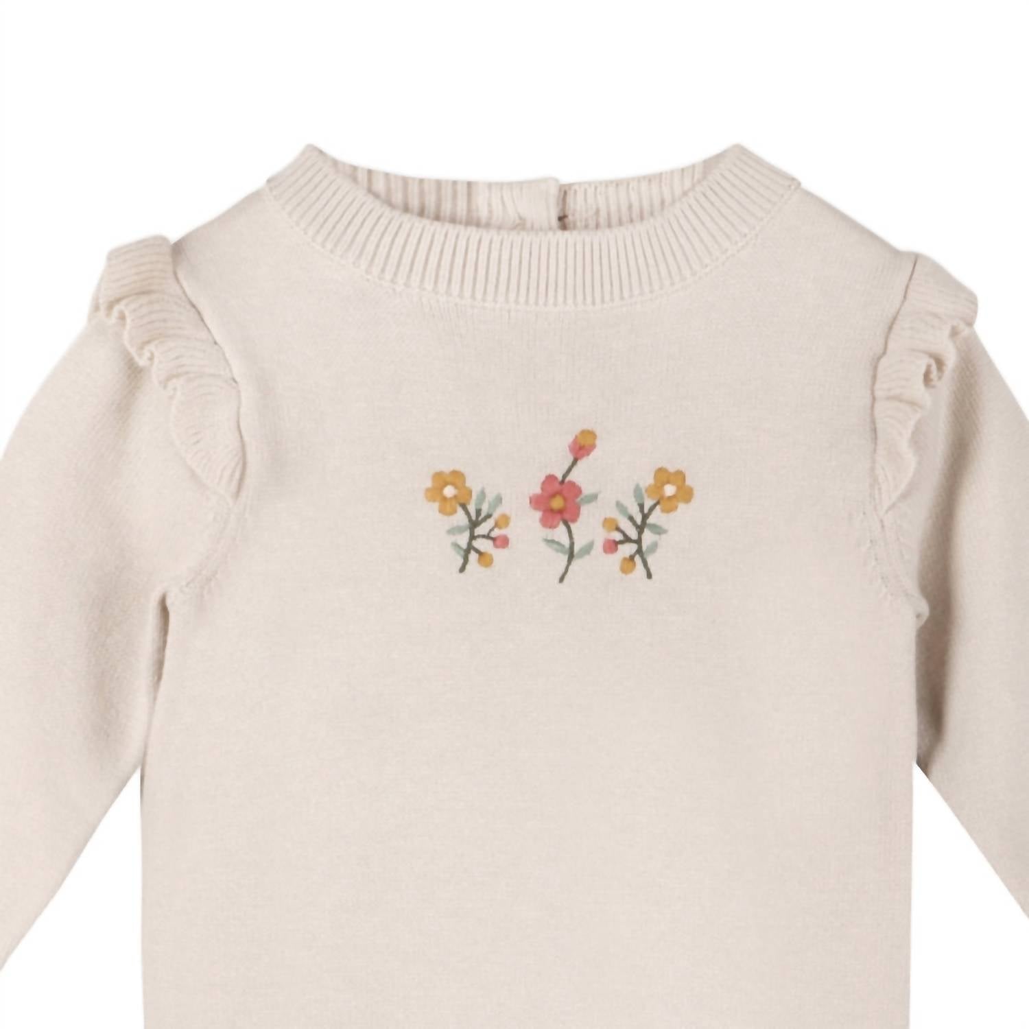 VIVERANO Organics Kid's Floral Embroidered Ruffle Sweater Jumpsuit in stone - kids' item - alternate view