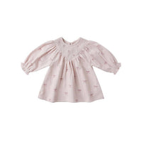 Quincy Mae Girls Long Sleeve V Smocked Dress in lilac bows - kids' dress