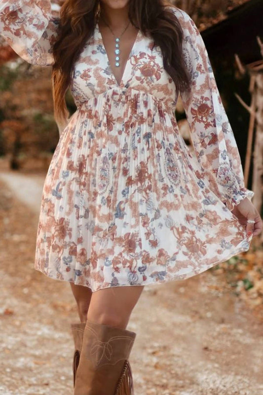 Newself Collection - Women's V Neck Bohemian Floral Mini Dress