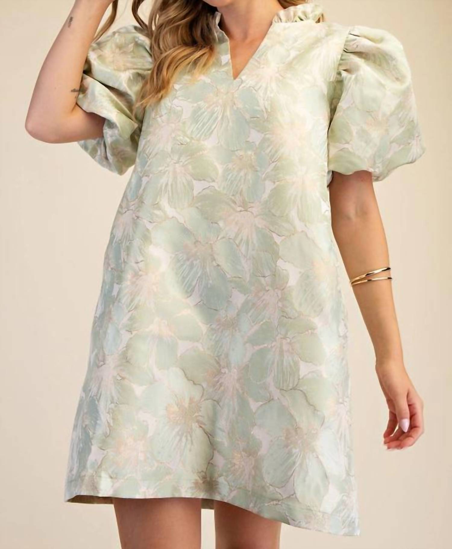 Glam - Ruffle V-Neck Puff Sleeve Mini Dress