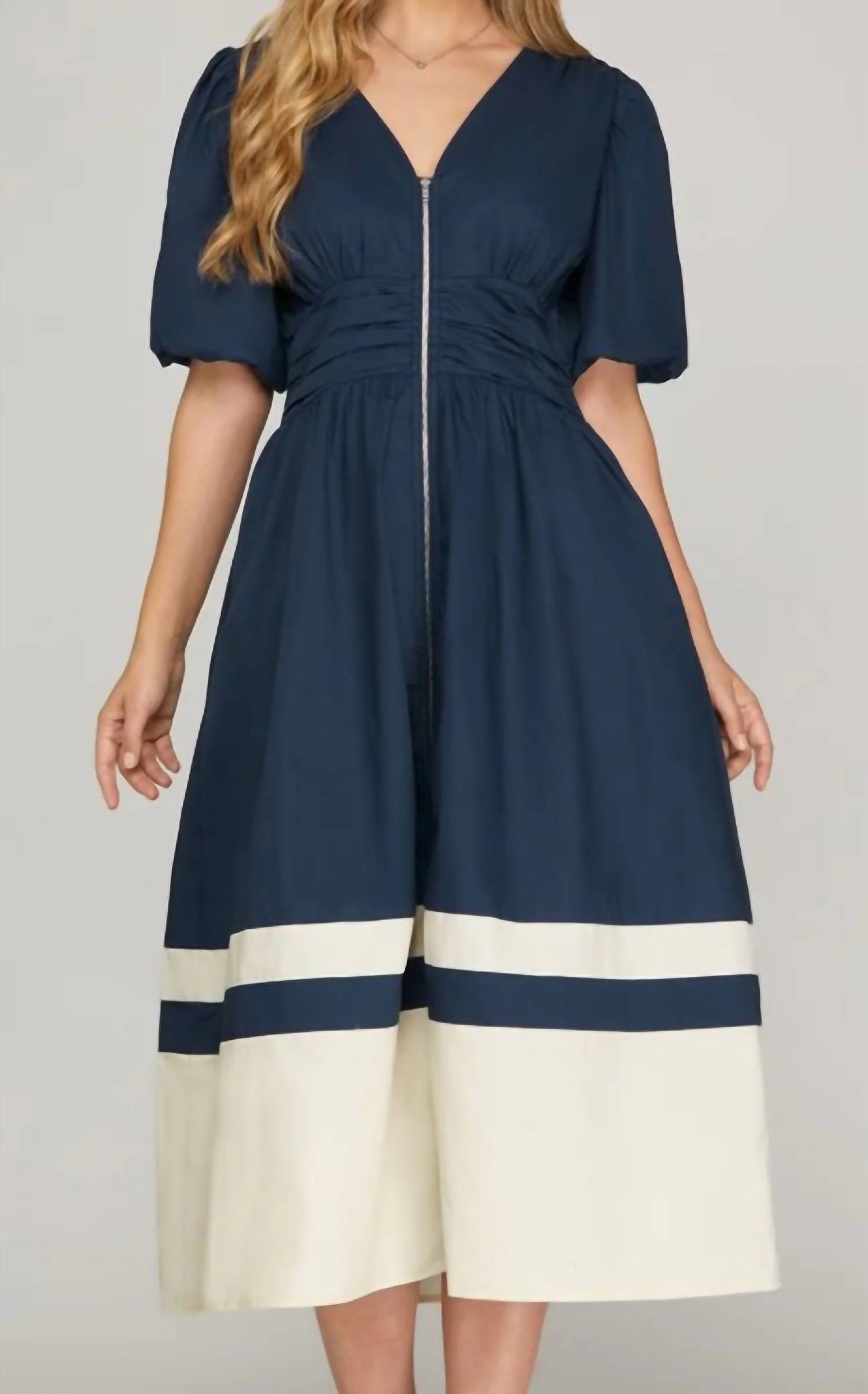 She + Sky - Bubble Sleeve Front Zip Midi Dress With Pockets
