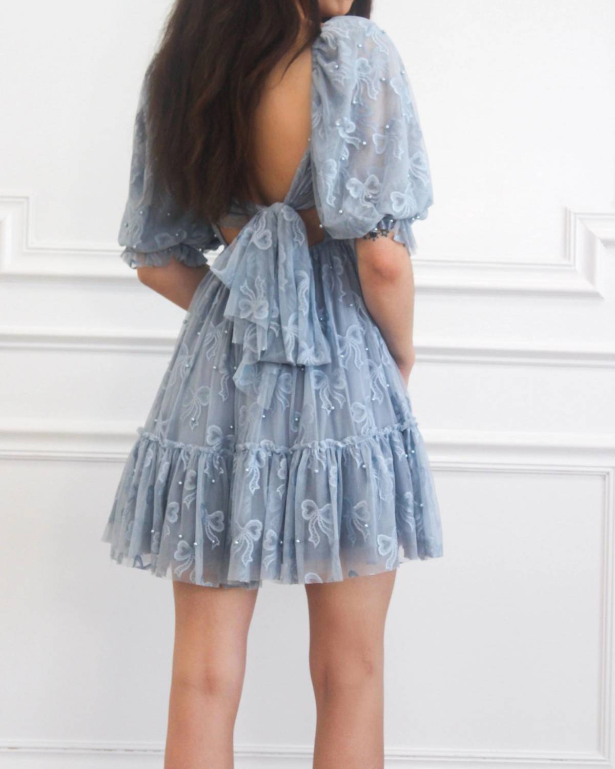 Mable - Porsha Square Neck Bow Pearl Babydoll Dress