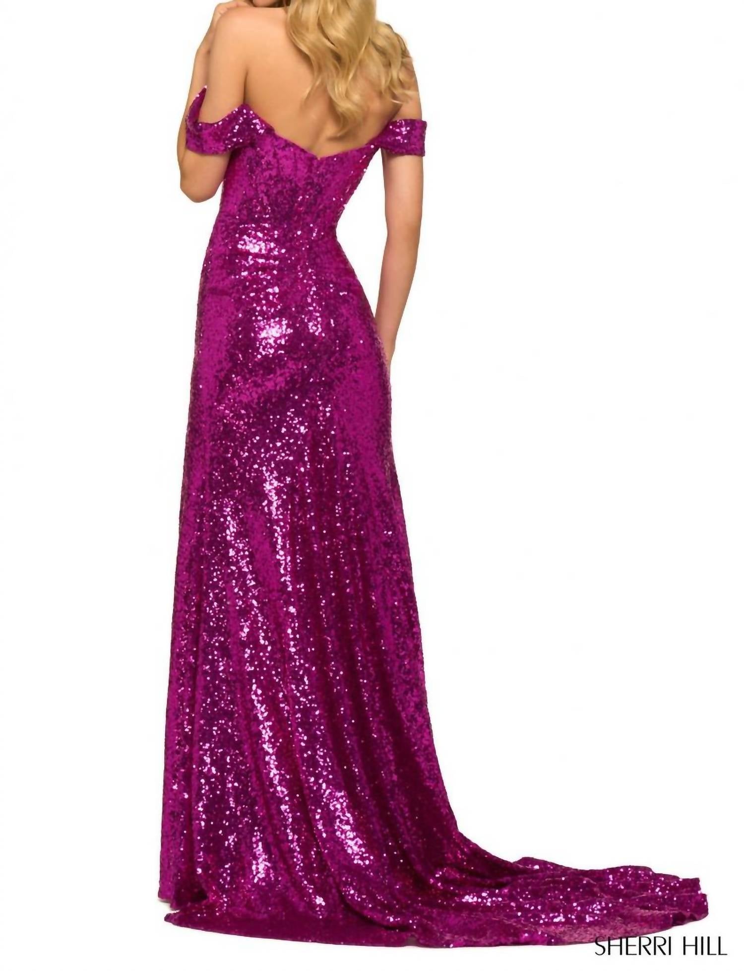 Sherri Hill Corset Bodice High Slit Sequin Gown in bright fuchsia - women's dress - detail view