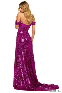 Sherri Hill Corset Bodice High Slit Sequin Gown in bright fuchsia - women's dress - alternate view