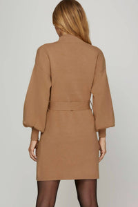 She + Sky - Long Sleeve Mock Neck Tie Belt Waist Sweater