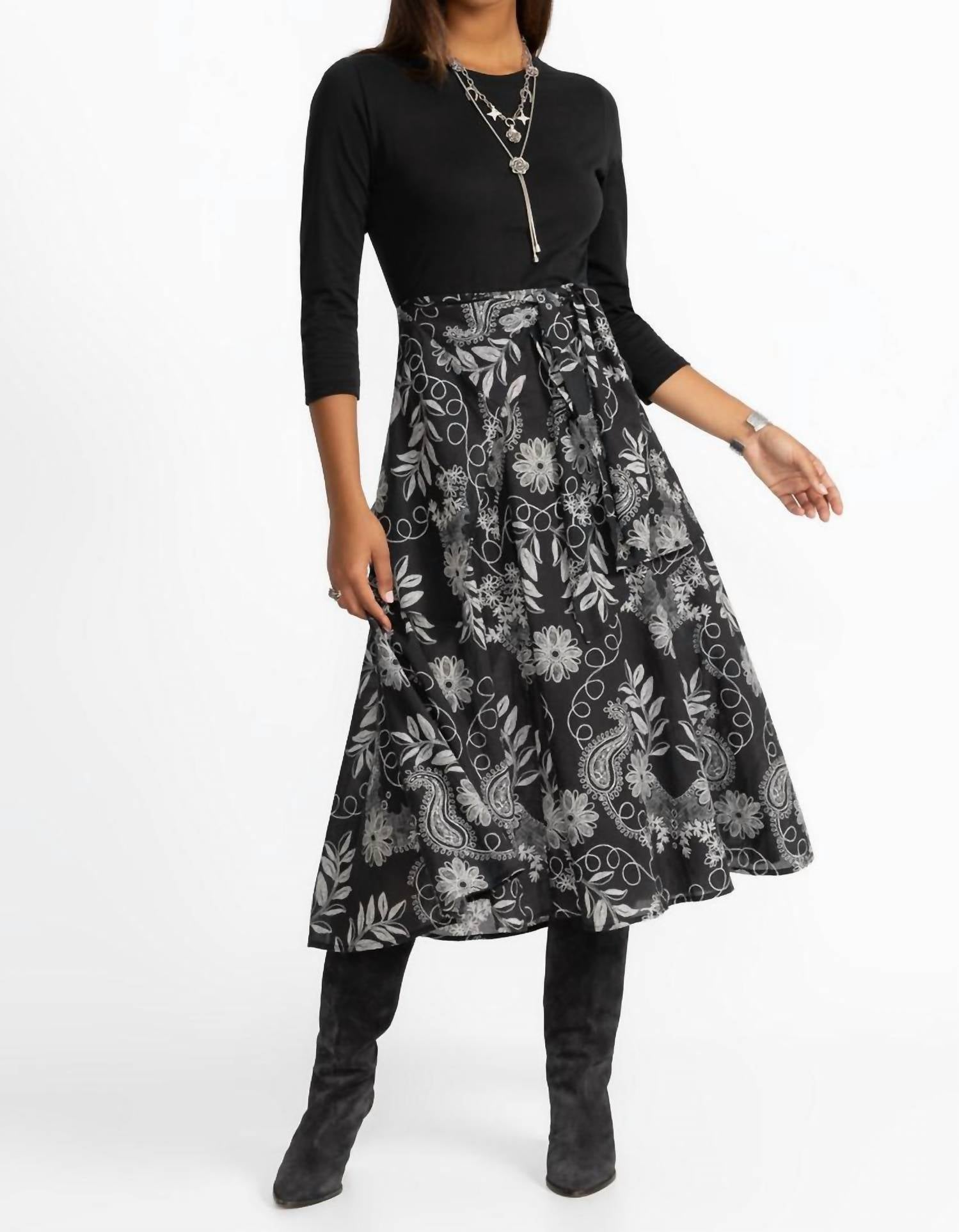 Johnny Was Women's Mixed Media Wrap Tie Dress in black - women's dress