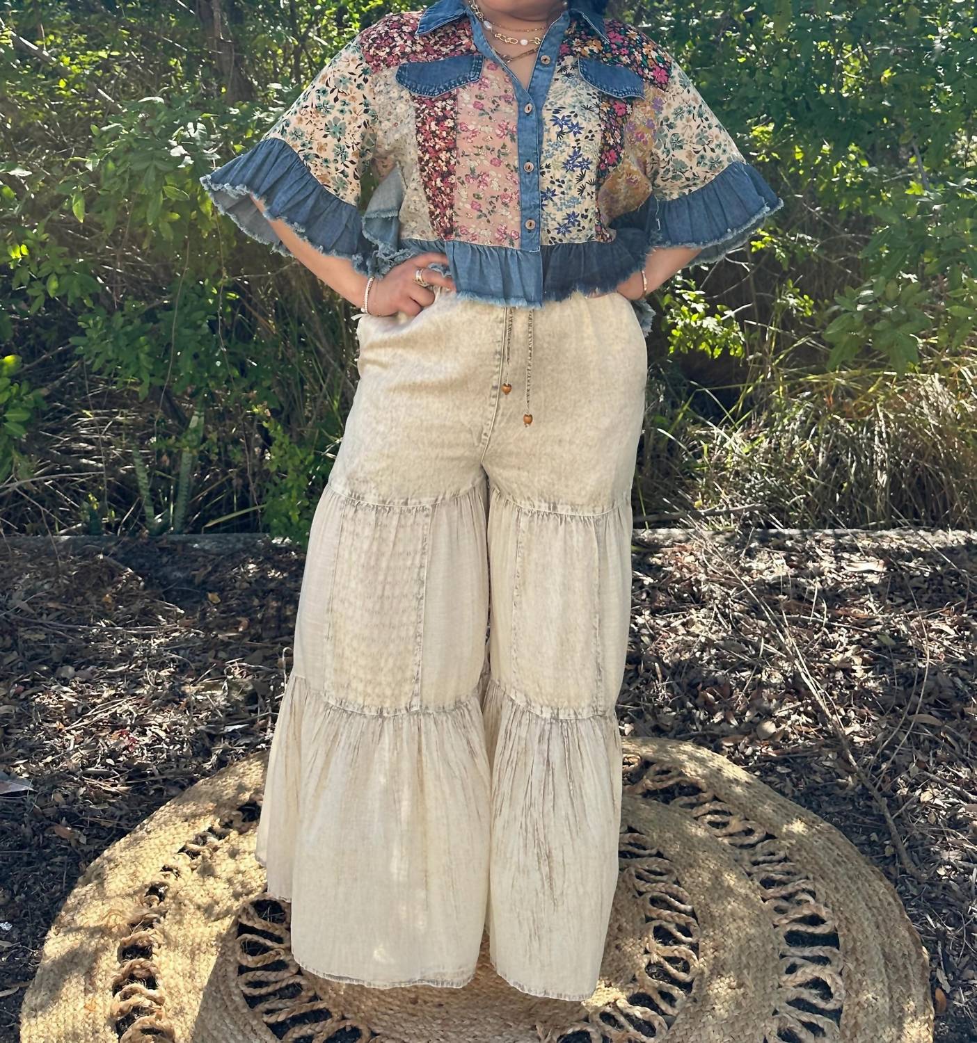 Young Threads - Patchwork And Denim Ruffle Hem Crop Jacket Top