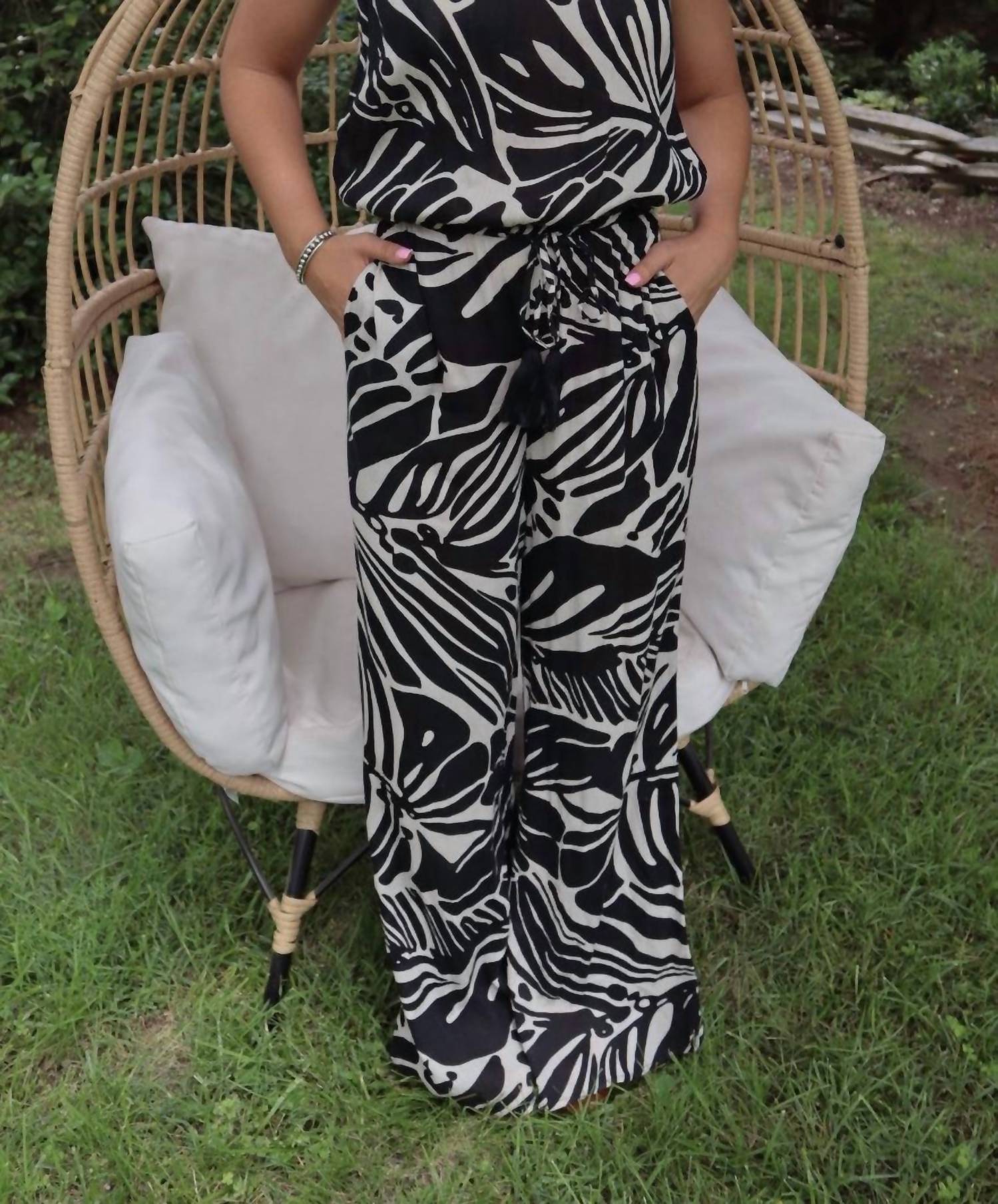 ELAN Rio Strapless Jumpsuit in black and off white tropical print - women's pants