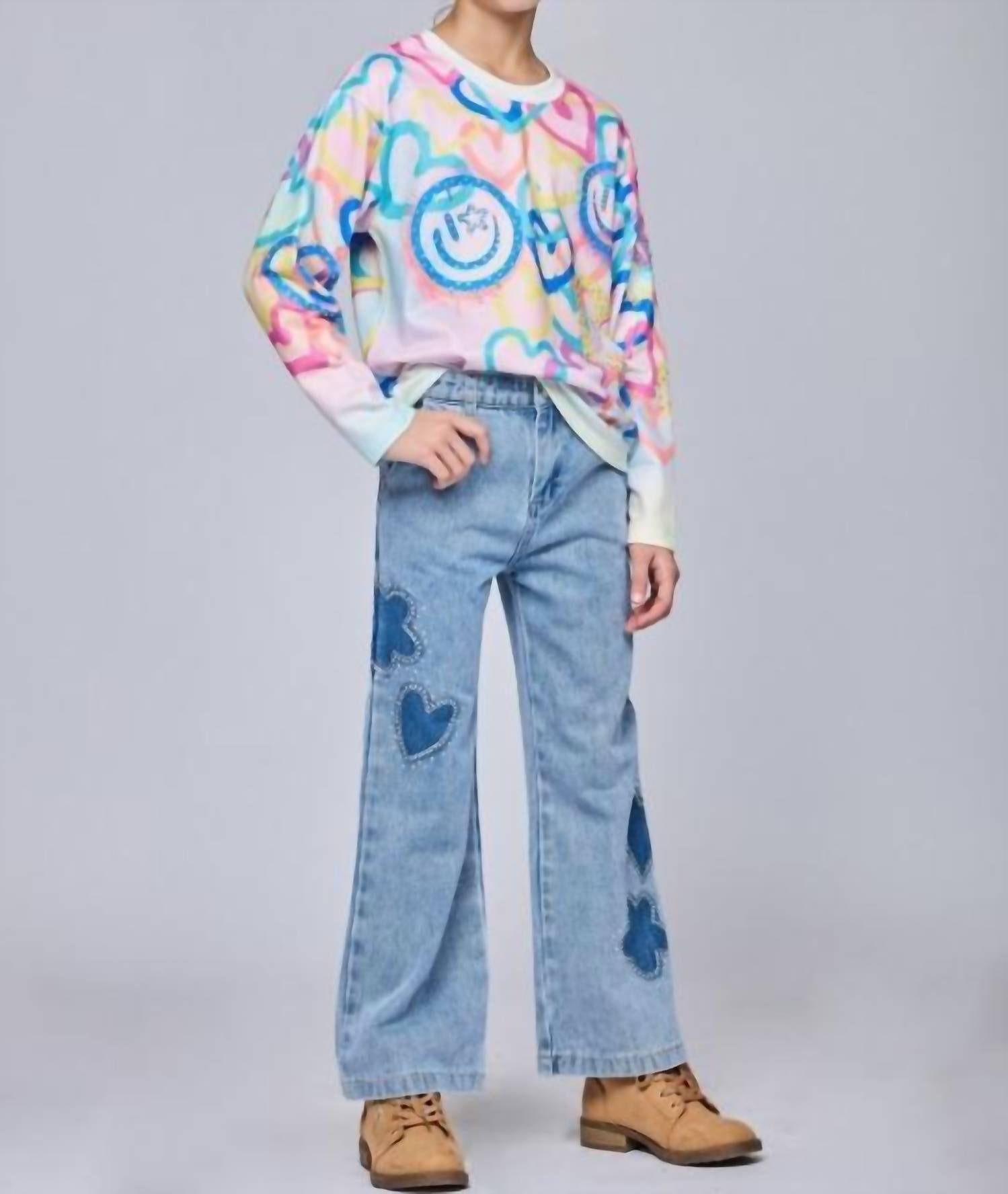 Hannah Banana Rhinestone Shadow Heart Denim Jeans in blue - kids' jeans