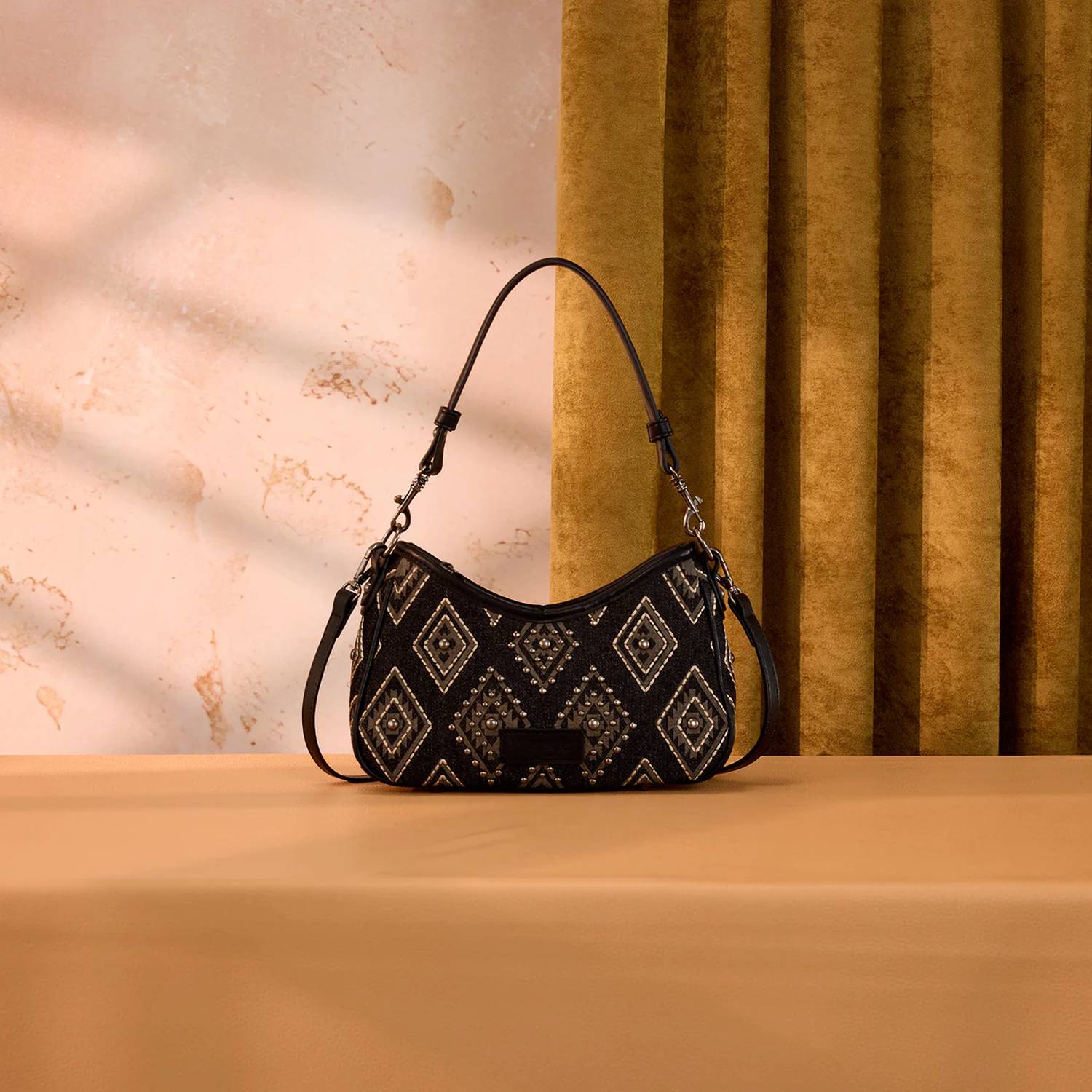 Wrangler Aztec Studded Denim Shoulder Bag with Mini Pouch in black - women's bag