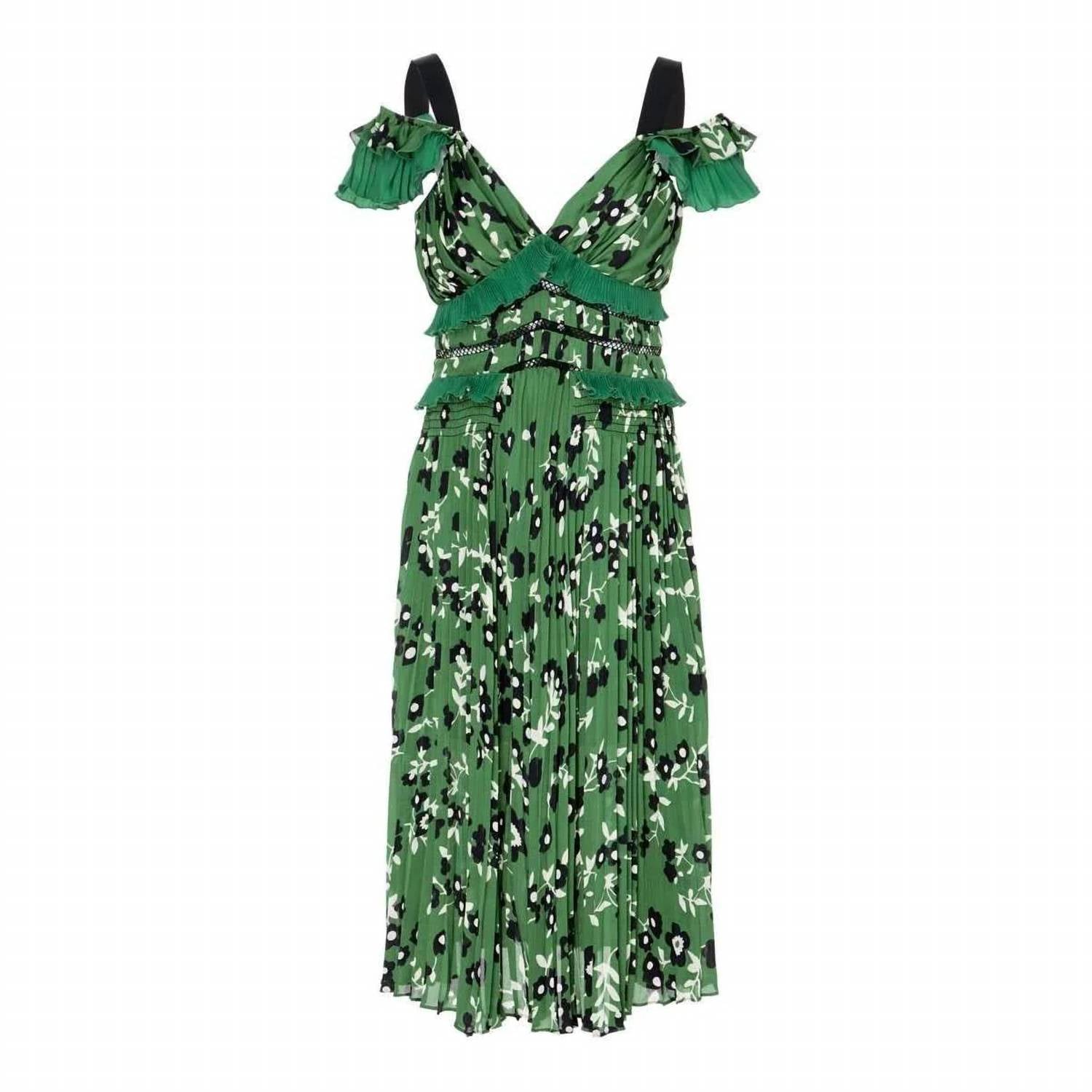 Self-Portrait - Pre-loved Cold Shoulder Lace Trimmed Plisse Crepe Midi Dress