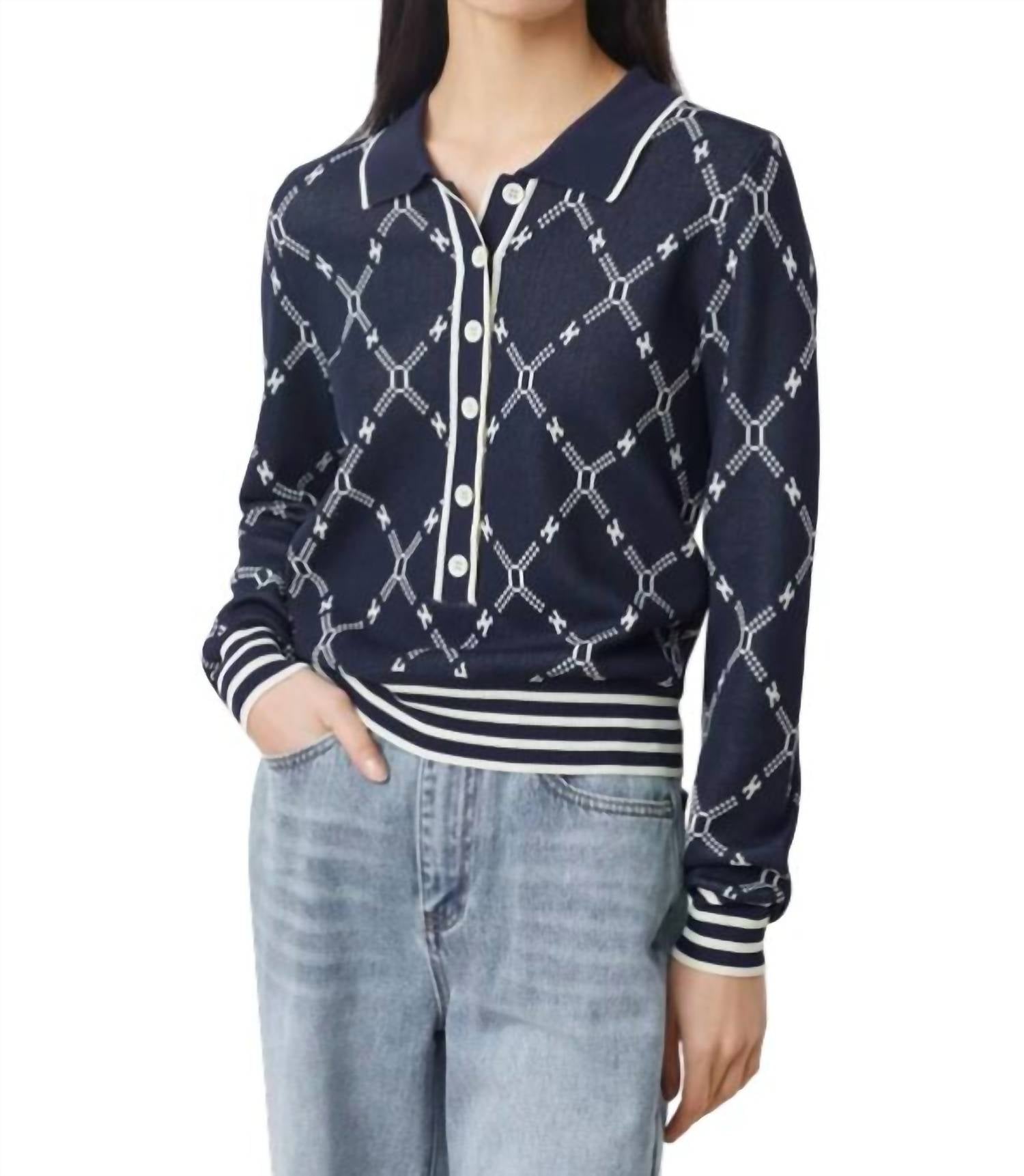 Suncoo Palmaros Two-tone Fancy Polo Sweater in night blue - women's sweater