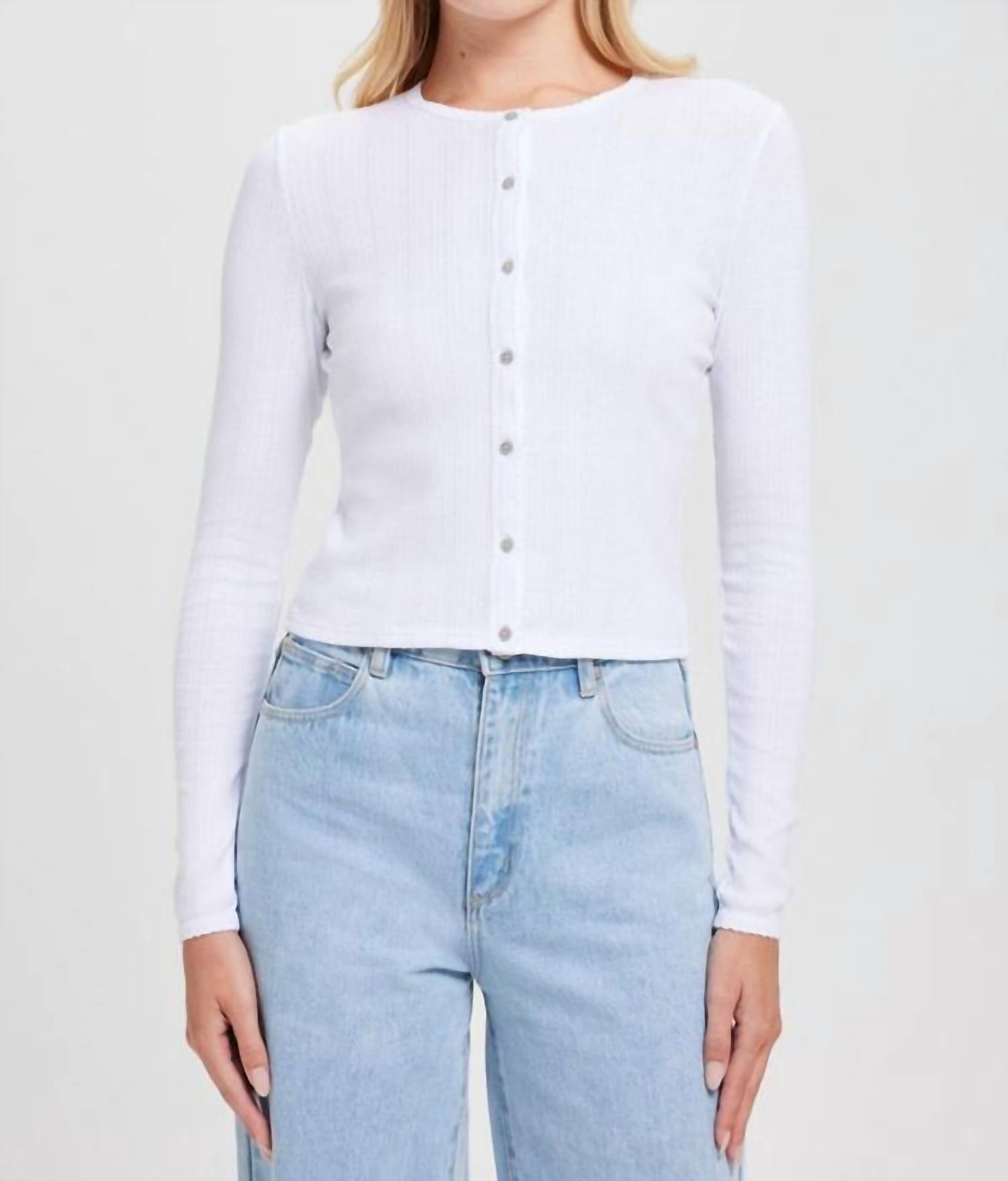 Goldie Lewinter Long Sleeve Pointelle Crop Cardigan in white - women's cardigan