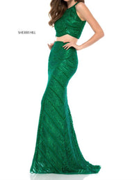 Sherri Hill 2 Piece Fitted Sequin Prom Dress in emerald - women's dress - detail view