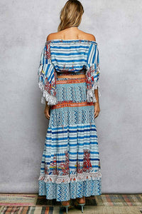 Pol - Off-Shoulder Fringe Sleeve Smocked Top and Skirt Set