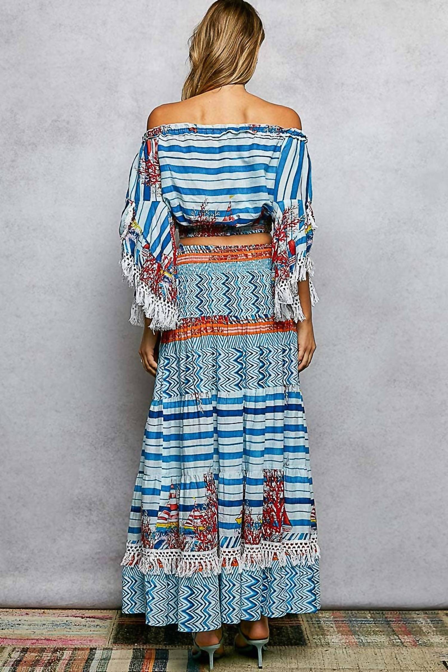 Pol - Off-Shoulder Fringe Sleeve Smocked Top and Skirt Set
