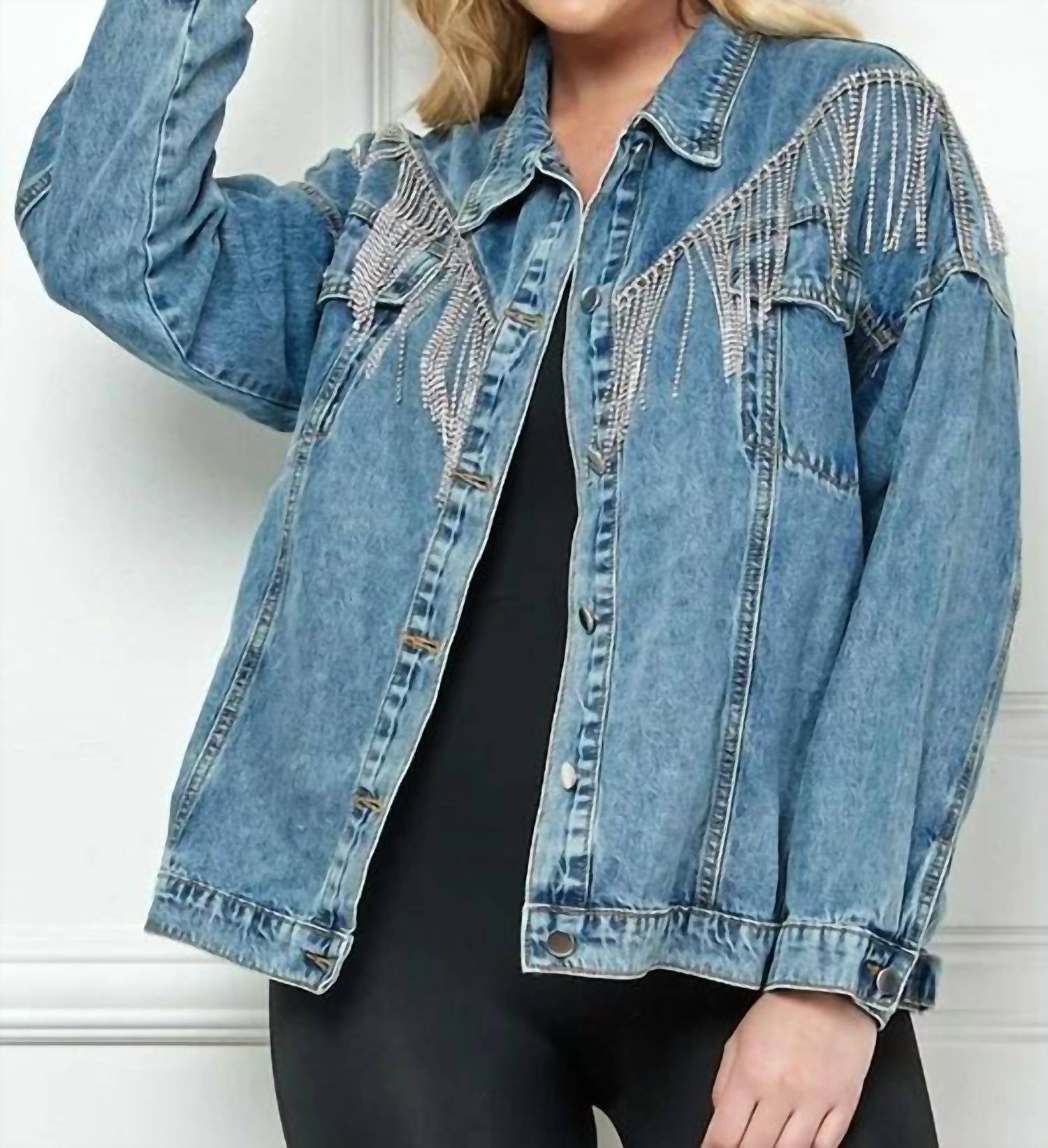Veveret - Rhinestone Fringe Denim Jacket