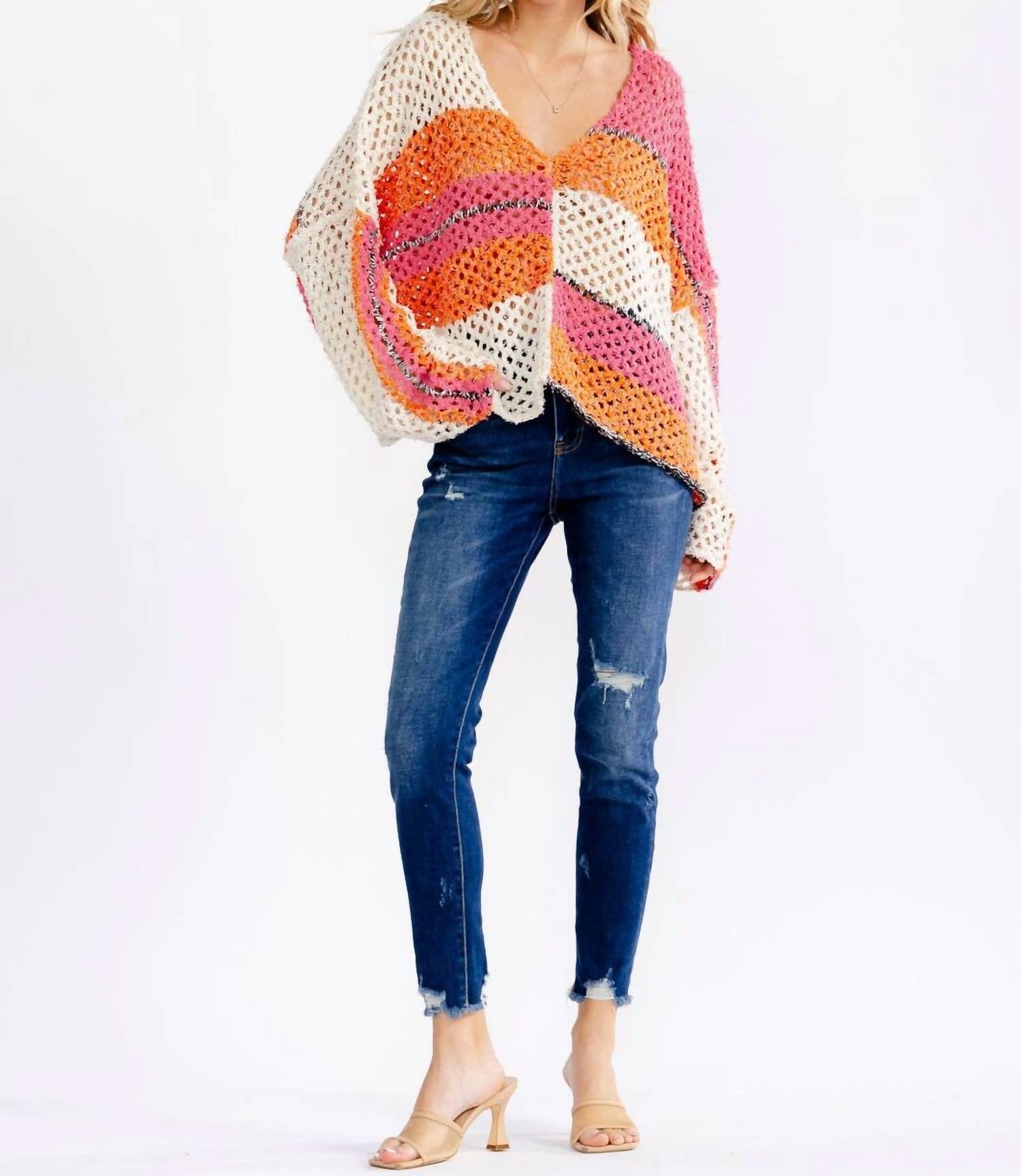 Little Secret Of Mine - Long Sleeve V-neck Colorblock Knit Sweater
