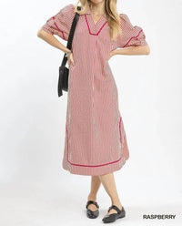 Umgee - Striped Midi Dress with Puff Sleeves