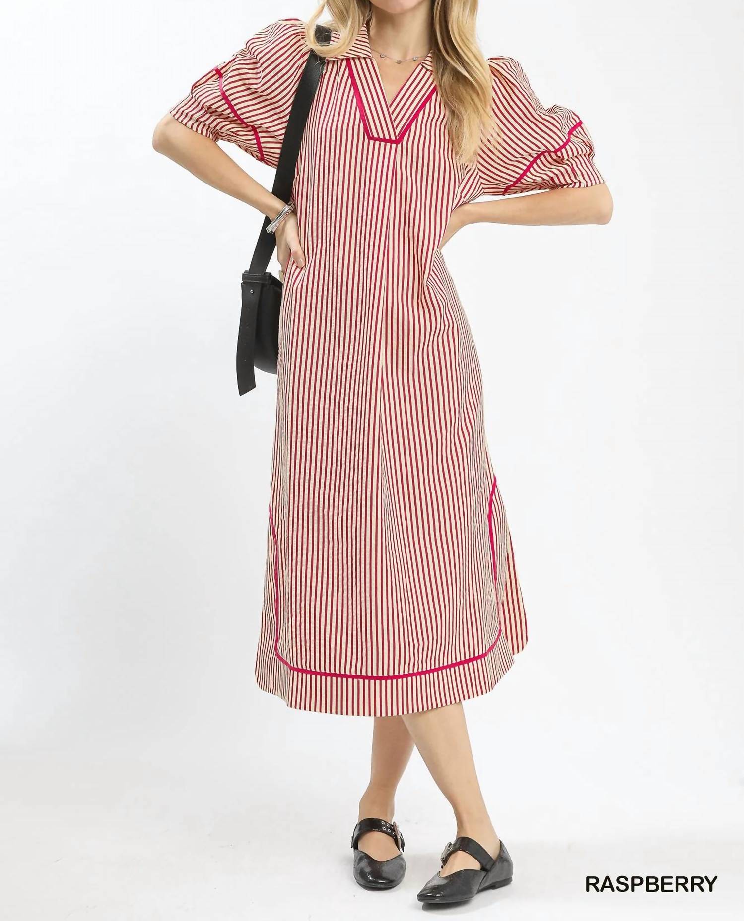 Umgee - Striped Midi Dress with Puff Sleeves